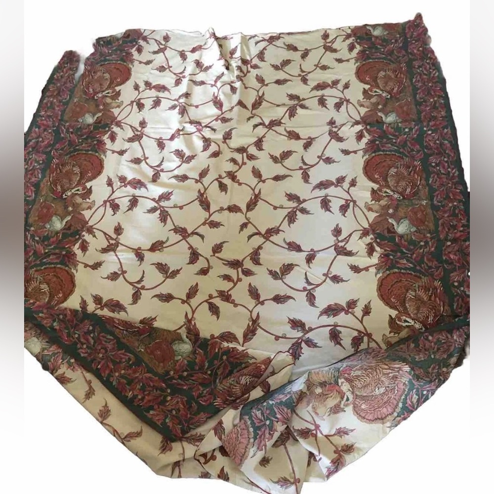 Vtg Cotton fall pumpkins turkey Thanksgiving Tablecloth 60”x80”